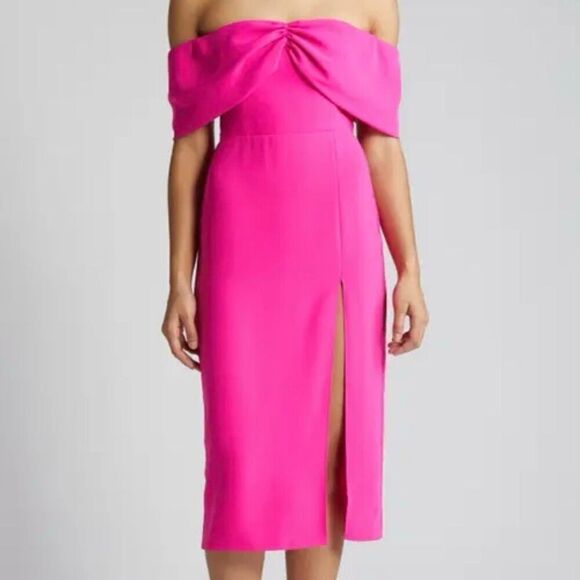 Amanda Uprichard Darien Hot Pink Off Shoulder Midi Cocktail Dress NWT Size Large - Picture 1 of 6